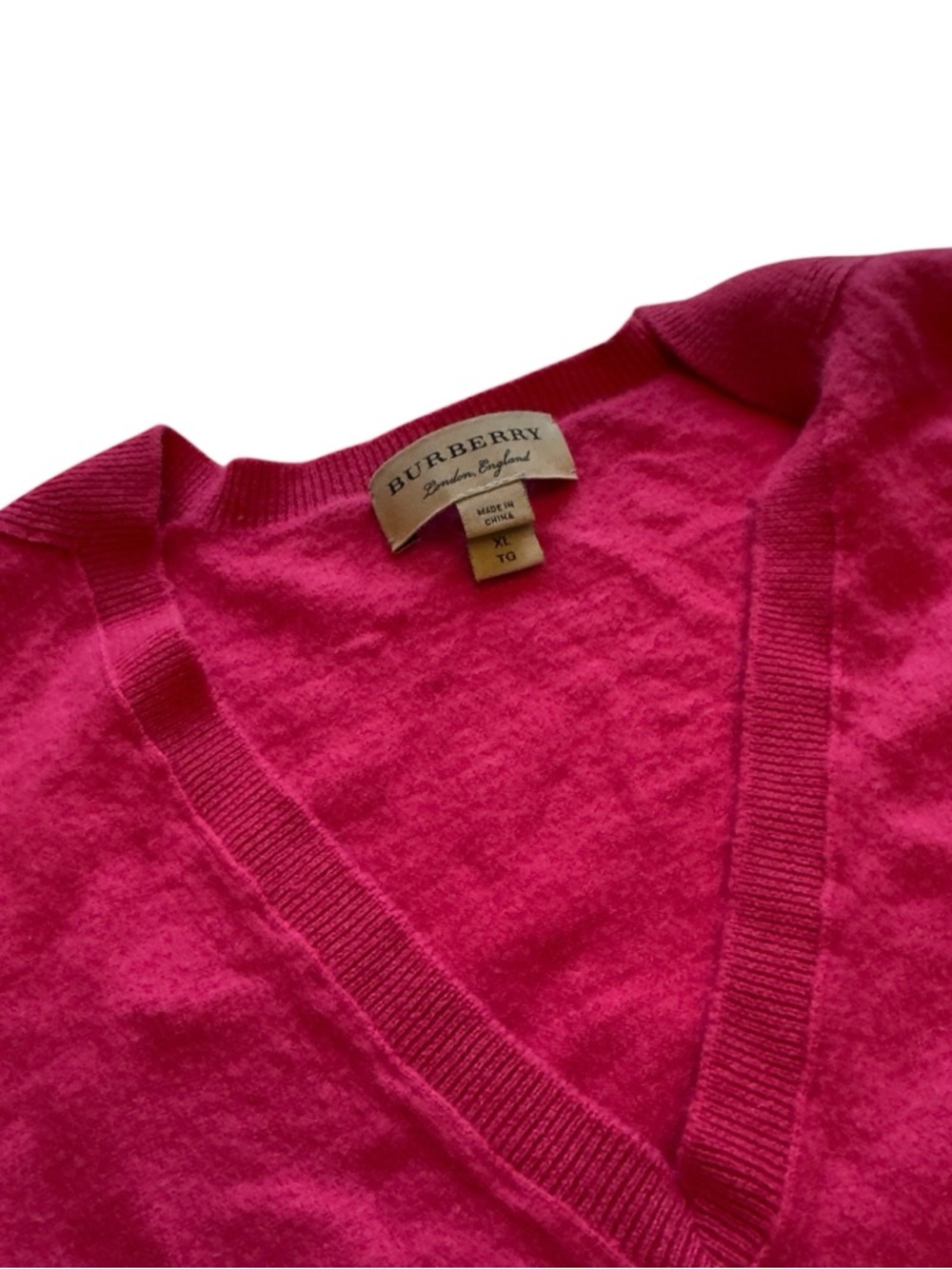 Burberry London Hot Pink Cashmere Sweater V Neck Elbow Patch Designer XL in EUC - Picture 5 of 7